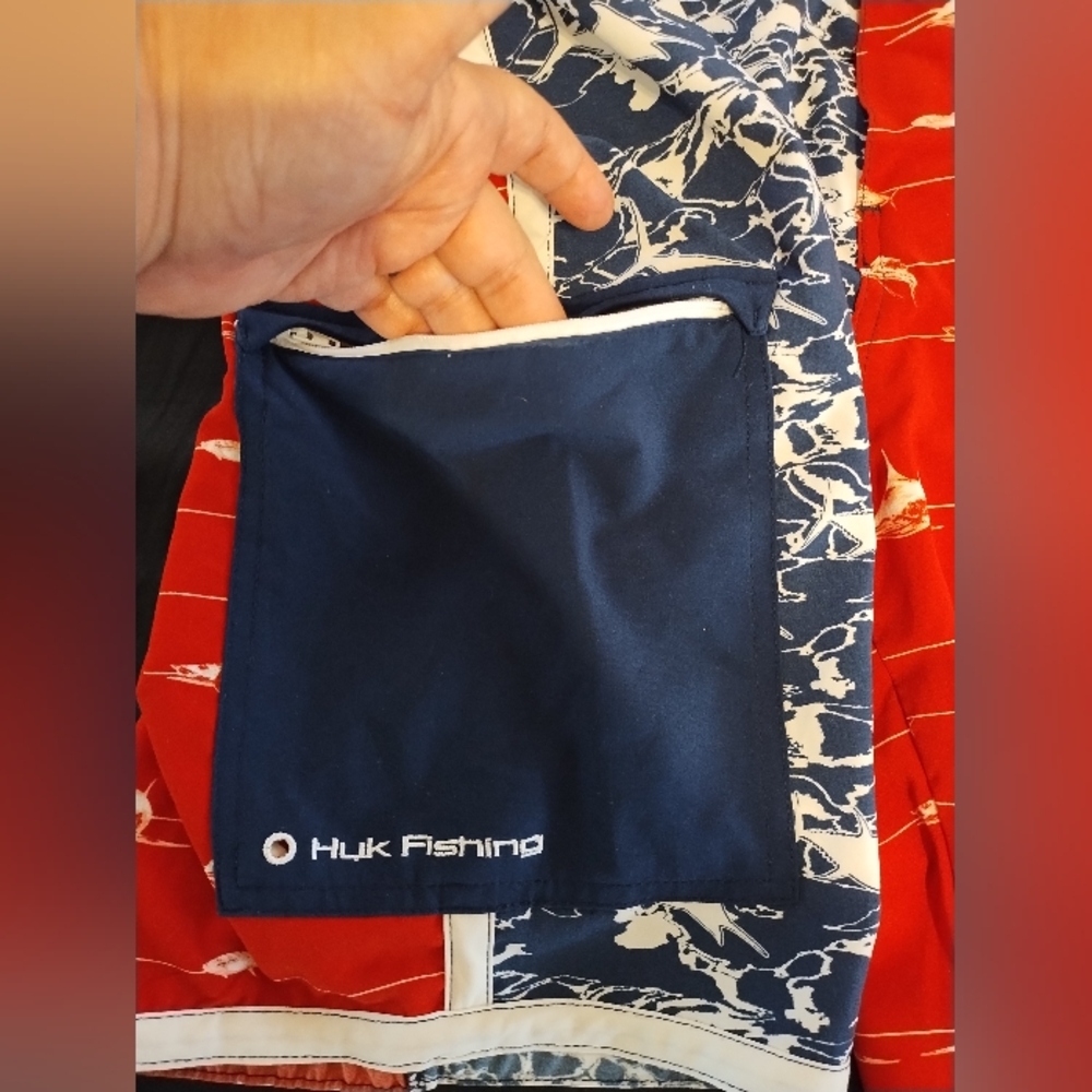 Huk Red White And Blue Swim Shorts Fishing Tie and Velcro Closure Size 34 - Picture 3 of 6